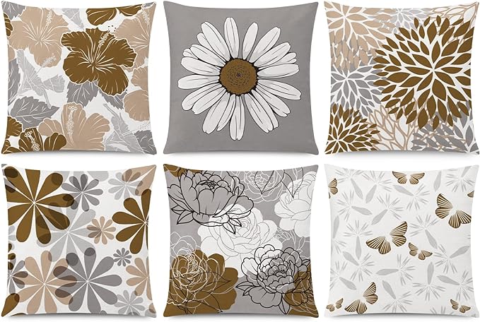COMMINY Brown Grey Pillow Covers 18x18 Set of 6 Decorative Daisy Flower Throw Pillow Cover for Couch Modern Coffee Pillow ...
