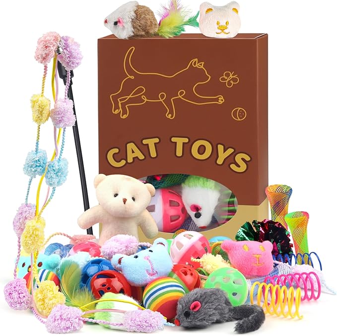 QUOZUO 30 Pcs Cat Toy Kitten Toys Set, Interactive Cat Toy Wand Cat Springs Ball Toy with Bells, Cat Toys for Bored Indoor...