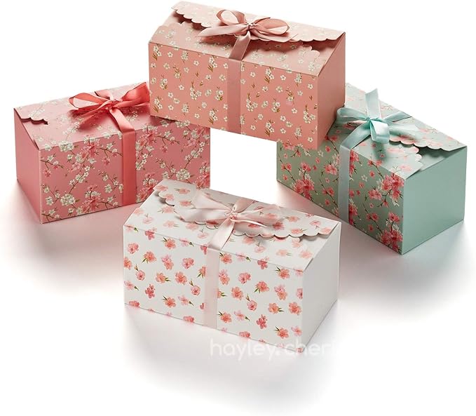 Floral Gift Boxes with Lids & Ribbons (20 Pack) 8” x 4” Cute Decorative Pastel Treat Boxes Empty for Small Presents, Cooki...