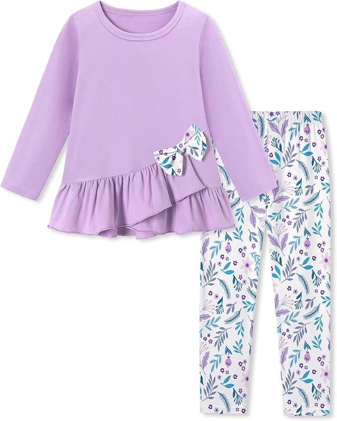 SOLOYEE Toddler Girl Clothes 18M-8T Girls Fall Winter Outfit, Long Sleeve Ruffle Bowknot Top + Floral Pants 2Pcs Clothing Set