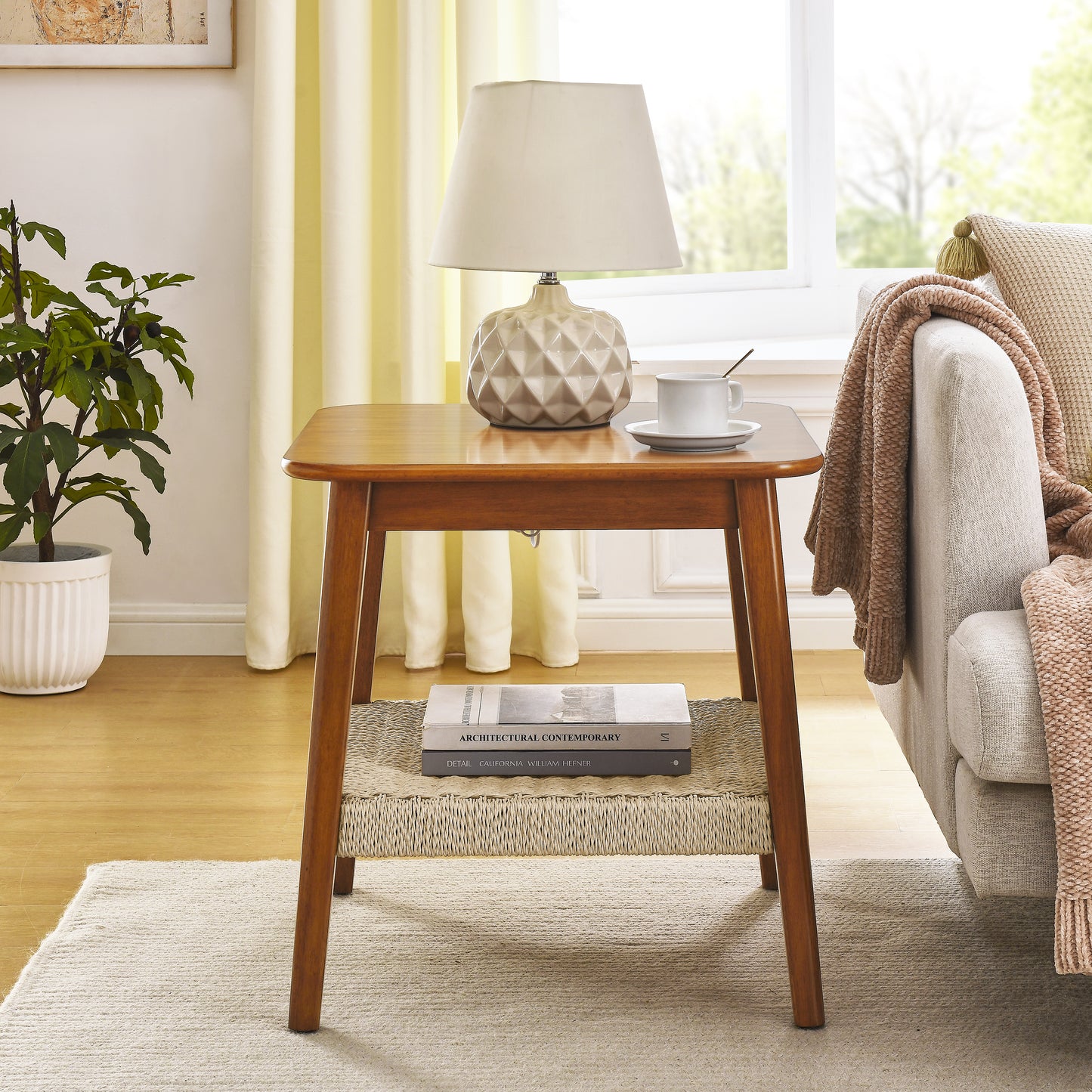 23  Mid-Century Side Table With Woven Shelf, Boho Side Table With Storage, Bedside Tables, Small Side Table For Living Room Couch Patio Home Office