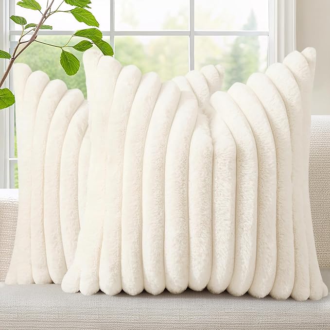 decorUhome Summer Cozy Faux Fur Throw Pillow Covers 18x18 Set of 2 Decorative Soft Plush Striped Modern Farmhouse Boho Cou...