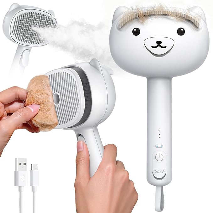Self Cleaning Shedding Steam Cat Brush, Silicone Scraper Included Dog Brush, Adorable Bear Design, primecat, Cat Brushes f...