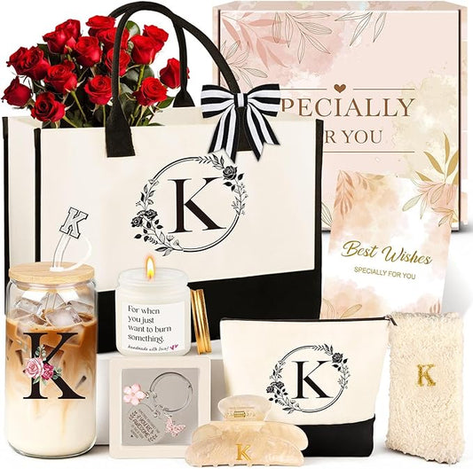 Birthday Gifts for Women, 10pcs Monogrammed Gifts for Women Initial Canvas Tote Bag, Makeup Bag, Glass Cup, Hair Clip, Can...