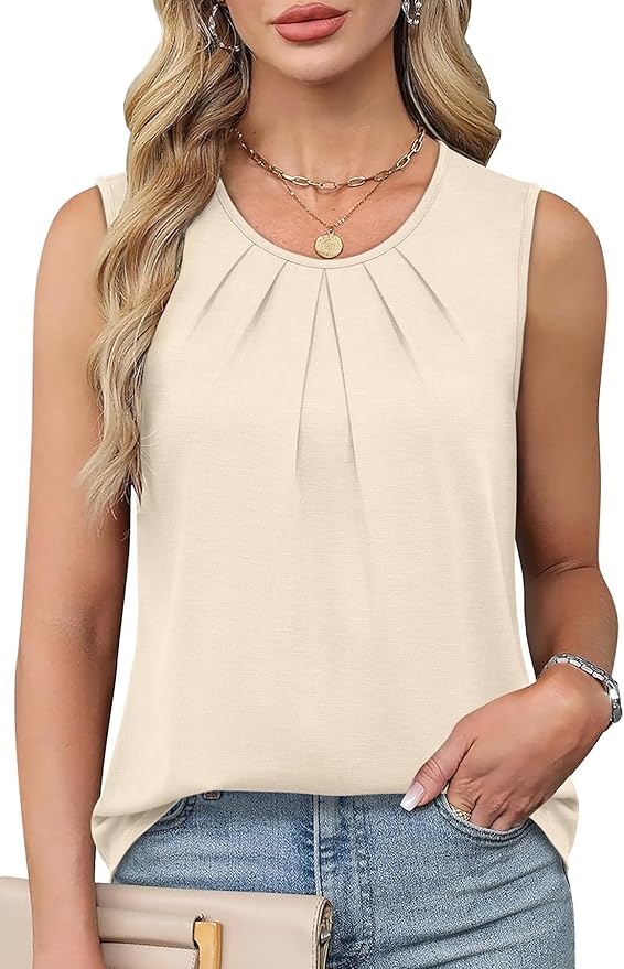 WIHOLL Flowy Tops for Women Business Casual Outfits Pleated Front Tank Tops Loose Fit