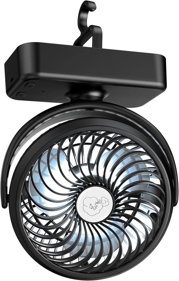 REENUO Portable Camping Fan, Small Tent Fan with Hanging Hook, 40 Working Hours Rechargeable USB Battery Fan with LED Ligh...