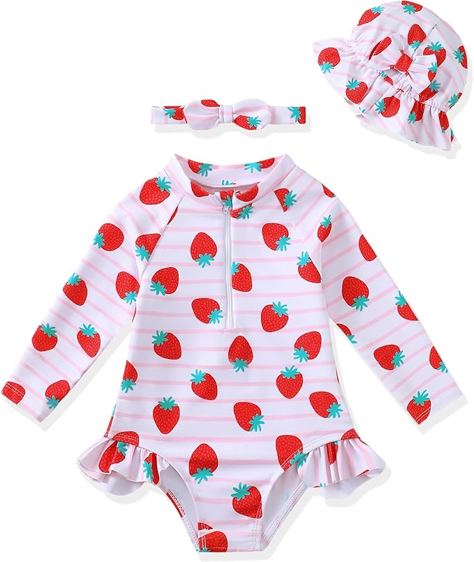 Yhnslsf Baby Swimsuit Girl Summer One-Piece Infant Bathing Suit with Hat Long Sleeve Ruffle Zipper Rash Guard Beach Swimwear