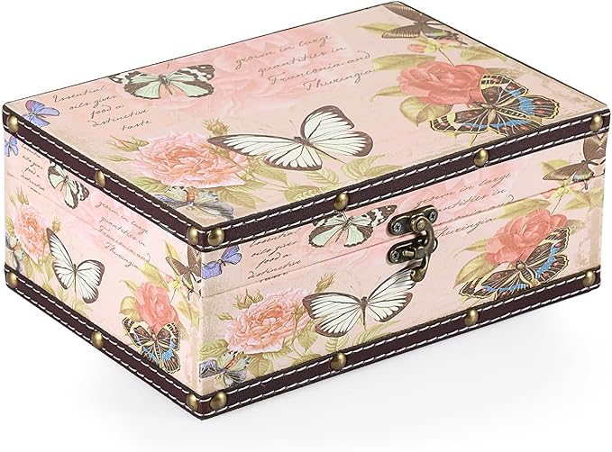 ELLDOO Butterfly Treasure Chest Box, Wooden + PU Leather Storage Decorative Box for Jewelry Trinkets Photos, Rectangular K...
