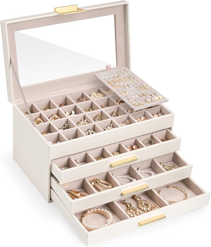 Lolalet Earring Storage Box Case with Glass Top, Large Earring Jewelry Holder Organizer Display with Drawer and Grid, Gift...