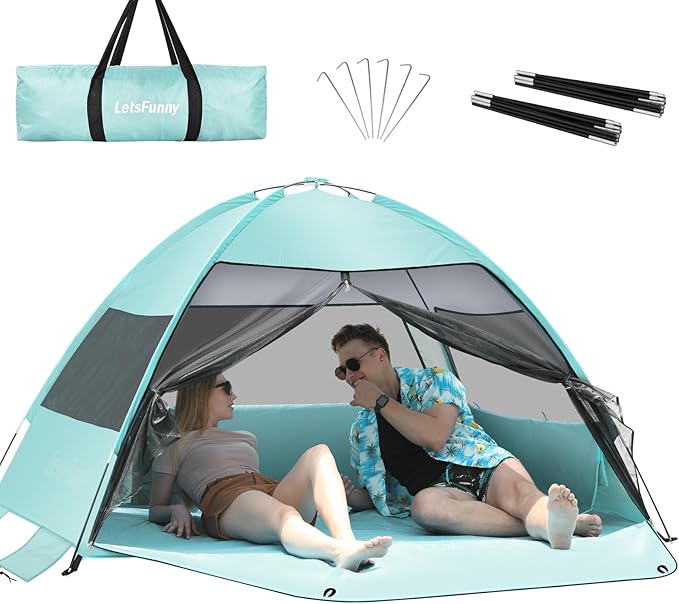 Large Easy Setup Beach Tent,Anti-UV Beach Shade Beach Canopy Tent Sun Shade with Extended Floor & 3 Mesh Roll Up Windows F...