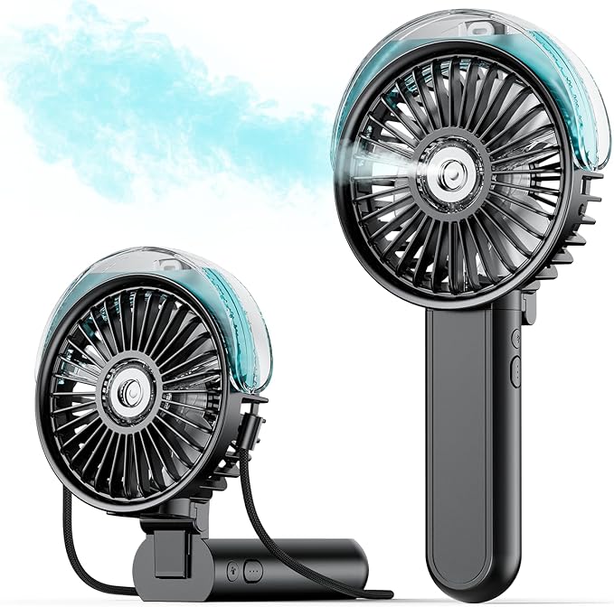 SWEETFULL Portable Misting Fan - 180° Foldable Handheld Personal Fan with Mist Spray, 3 Speeds, 30ml Water Tank, USB Recha...