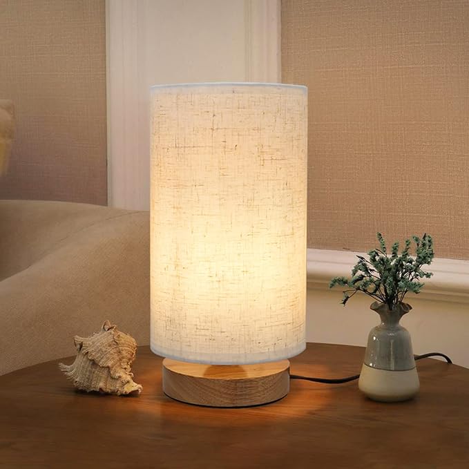 Small Bedside Night Table Lamp for Bedroom, Minimalist Nightstand Lamp with Round Fabric Linen Shade, Study Reading Desk L...