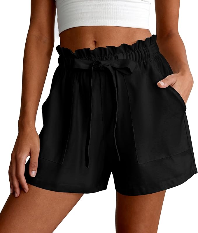 PRETTYGARDEN Summer Shorts for Women Casual Ruffle Drawstring High Waist Wide Leg Comfy Lounge Shorts Beach Cruise Outfits