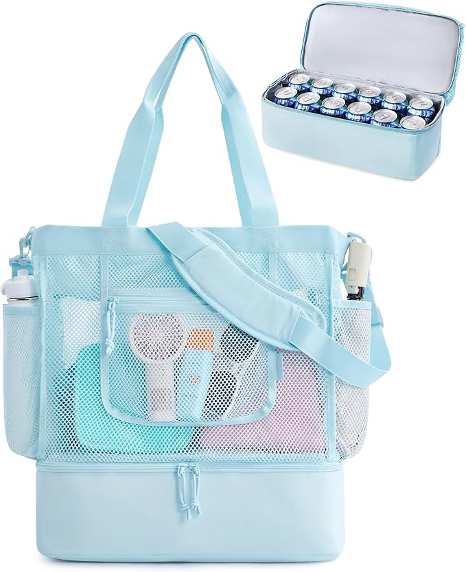 BAGSMART Beach Bag for Women, Mesh Tote Bags with Zipper, Sandproof Vacation Essentials with Cooler for Swim Cruise Pool