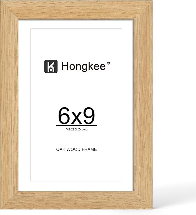 Hongkee 6x9 Oak Wood Picture Frame, Display Photos 5 x 8 with Mat or 6 x 9 without Mat - Tempered Glass Cover, Horizontal ...