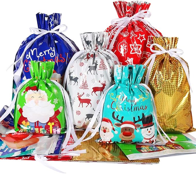 HRX Package Holiday Drawstring Gift Bags, 30pcs Christmas Foil Gift Wrapping Sacks Pouches for Xmas Presents Party Favor (...