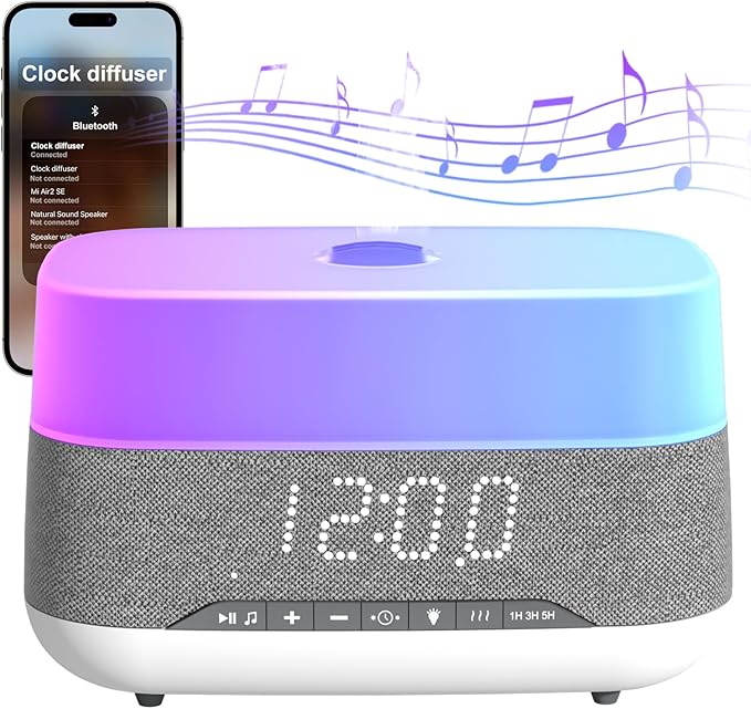 Versatile Essential Oil Diffuser, 300ml Aroma Diffuser with Bluetooth Speaker and Alarm Clock, 7 Colors LED Light Aromathe...