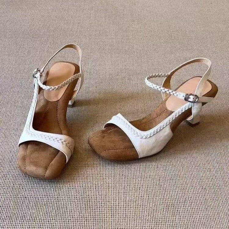 2026 Summer New Women Retro One Strap Buckle Woven Square Toe Open Toe Sandals, Fashion Comfortable Roman Sandals