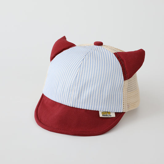 Children's Vertical Stripe Demon Horn Mesh Baseball Cap For Outdoor Picnics, Family Outings, Soft Brim, Sun Protection, Baby Hat