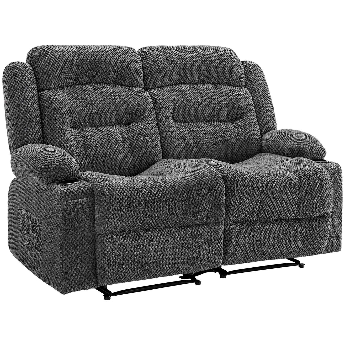 Loveseat Recliner Sofa, Manual Reclining Couch With Heating And Massage, Soft Corduroy Recliner Sofa With USB Ports, Cup Holders And Side Storage Bags, Dual Loveseat Chair For Living Room, Grey