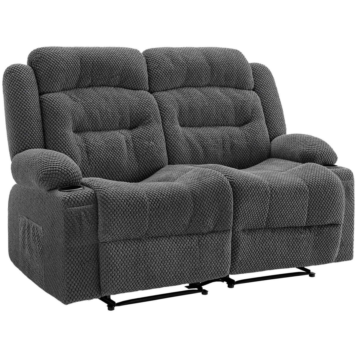 Loveseat Recliner Sofa, Manual Reclining Couch With Heating And Massage, Soft Corduroy Recliner Sofa With USB Ports, Cup Holders And Side Storage Bags, Dual Loveseat Chair For Living Room, Grey