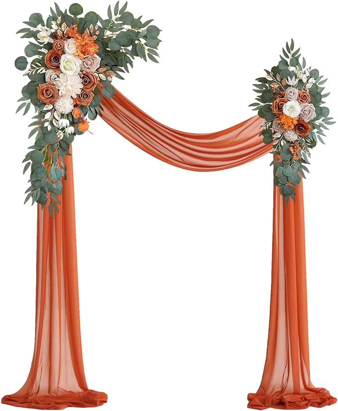 Olalaka Burnt Orange Artificial Wedding Arch Flowers Kit (Pack of 3) with 26Ft Terracotta Shiny Arch Draping Fabric for DI...