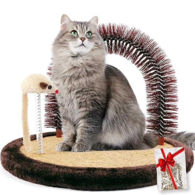 Happi N Pets Original Cat Self Groomer, Arch Grooming Brush wtih Heavy Wooden Scratching Pad, Rubbing Post & Toy, Cat Face...