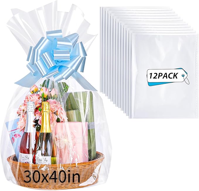 woric 12PCS Large Cellophane Bags 30x40 Inch Clear Cello Gift Bags Cellophane Wrap for Gift Baskets Mothers Day Graduation...