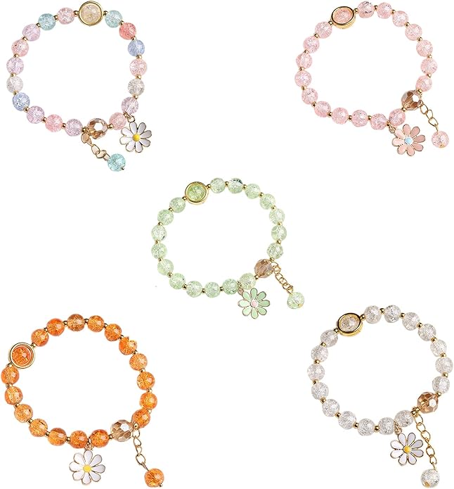 Fuqimanman2020 5 Pcs Colorful Flower Charm Bracelets Set Handmade Crystal Beaded Daisy Bracelets for Women Jewelry