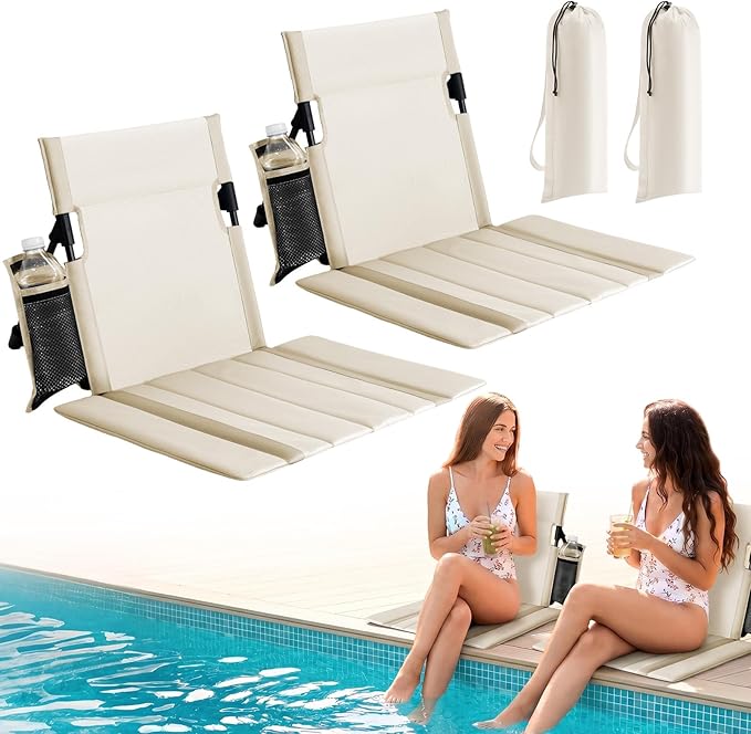 2 Pack Portable Poolside Chairs, Foldable Legless Beach Chairs for Adults with Cup Pocket, Lightweight Ground Seat Small B...