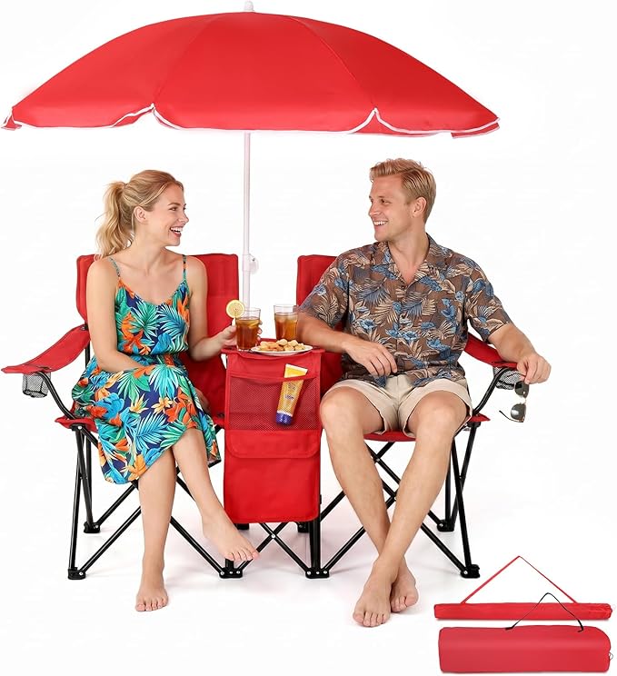 Outvita Folding Double Camping Chair w/Umbrella Beverage Holder Carrying Bag Cooler Fold Up Table, Large Bearing Capacity ...