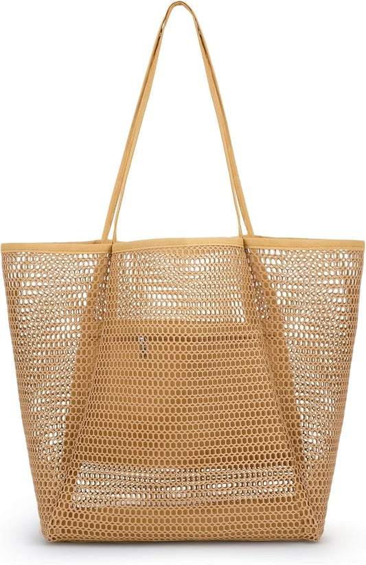 Iioscre Beach Bag for Women, Causal Hobo Pool Bags with Zipper Inner Pocket, Foldable Swim Tote Bag for Vacation Essentials