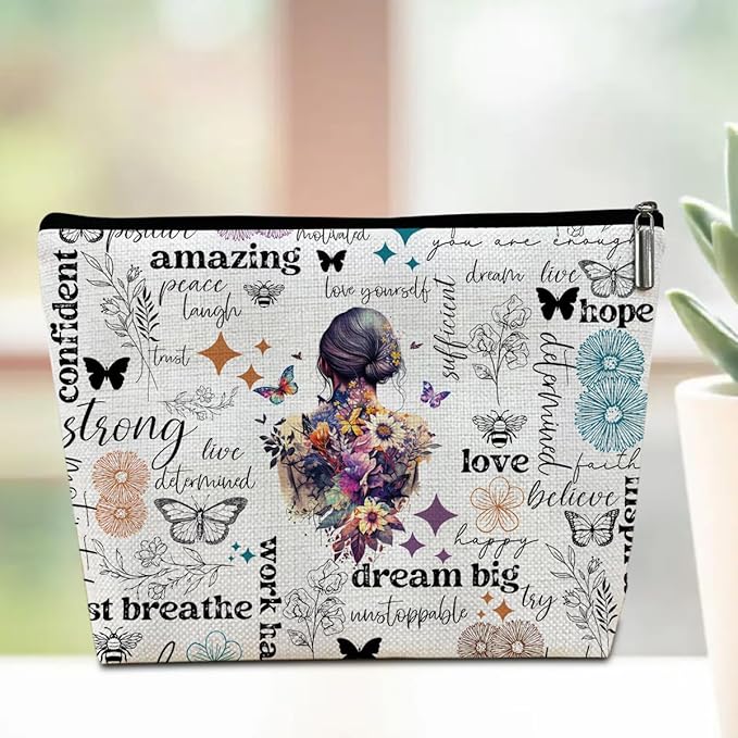 Inspirational Gifts Floral Butterfly Makeup Bag Travel Pouch, Lined Cosmetic Bag Toiletry Bag, Birthday Mothers Day Spirit...