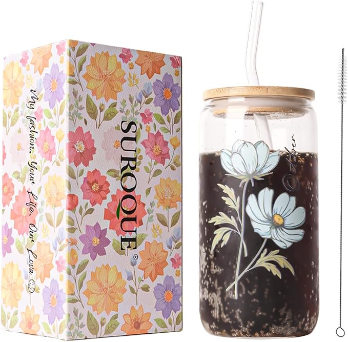 SUROQUE Birth Month Flower Iced Coffee Glass Cup 16oz Custom Tumbler Birthday Gifts Personalized Gifts for Women, Teacher...