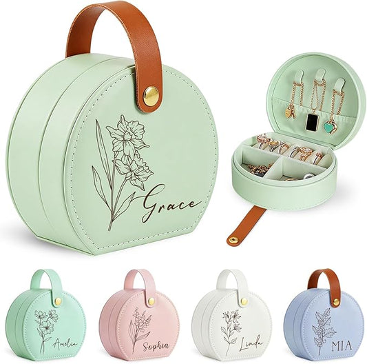 Jumaple Mothers Day Gifts for Mom, Personalized Jewelry Box with Name Birth Flower, Custom Small Leather Jewelry Travel Ca...
