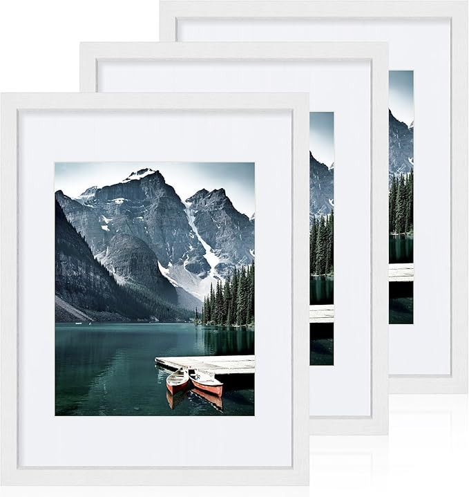 Hongkee 11x14 Picture Frames set of 3, Made of Glass and White Wooden Photo frame - Displays 8x10 Picture with Mat or 11 x...