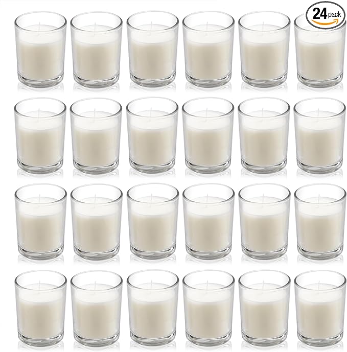 Housecret 24 Pack Warm White Unscented Clear Glass Filled Votive Candles. Hand Poured Wax Candle Ideal Gifts for Aromather...