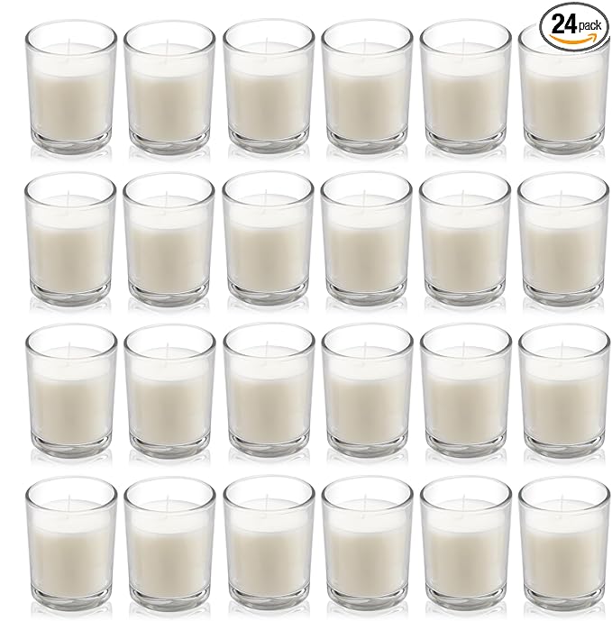 Housecret 24 Pack Warm White Unscented Clear Glass Filled Votive Candles. Hand Poured Wax Candle Ideal Gifts for Aromather...