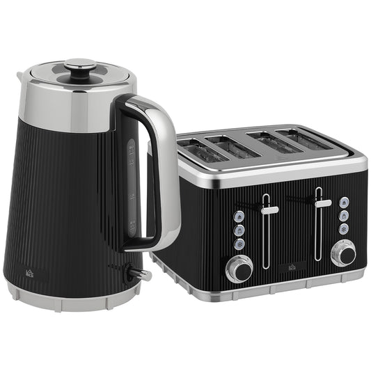 Electric Stainless Steel Kettle And Toaster Set, 3000W 1.7L UK Strix Thermostat Fast Boil Kettle W/ Limescale Filter, Cool Touch Body, 4 Slice Toaster With 7 Browning Levels, Crumb Tray, Black