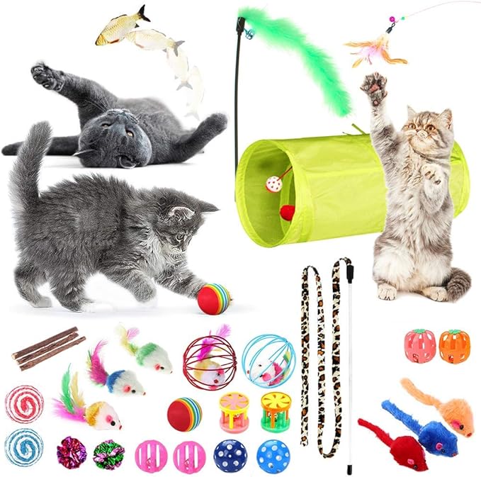 SunGrow Cat Tunnel and Assorted Activity Variety Pack, Interactive Kitten Accessories, for Indoors, Teaser Wand, Crinkle B...