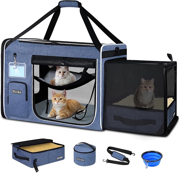 Petskd Side Expandable Extra Large Cat Carrier with Litter Box Area for Long Distance Car Travel,24"x17"x17" Collapsible S...