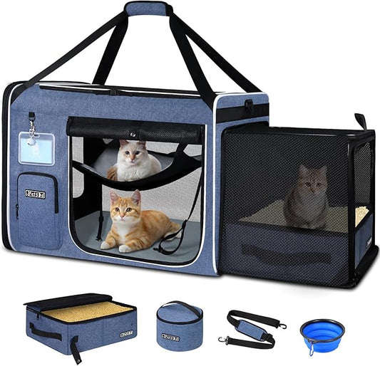 Petskd Side Expandable Extra Large Cat Carrier with Litter Box Area for Long Distance Car Travel,24"x17"x17" Collapsible S...