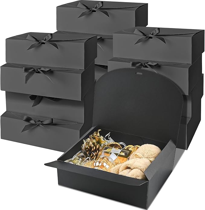 Ocmoiy 12 Pack Gift Boxes with Lids, 10.6x7.8x3.1 Inch Black Paper Gift Box with Ribbon, Bridesmaid Proposal Box for Weddi...