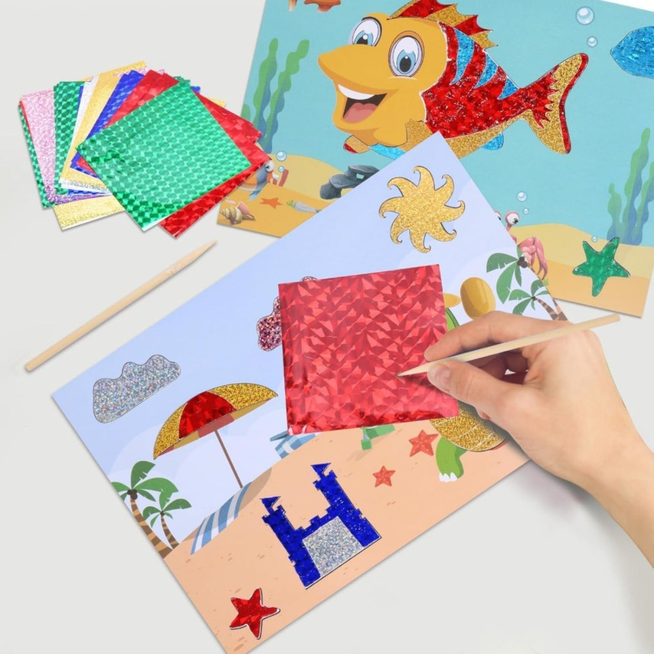 35-Piece Set Of Ocean-Themed Aluminum Foil Pictures, 6 Motif Cards & Multicolored Foil Sheets, DIY Craft Set – Party Supplies Set