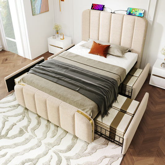 Upholstered Bed Single Bed, Upholstered Headboard With Golden Decorative Stripes And USB Type-C Charging Function 90X200 Cm, Beige Linen Material With 4 Drawers  Without Mattress