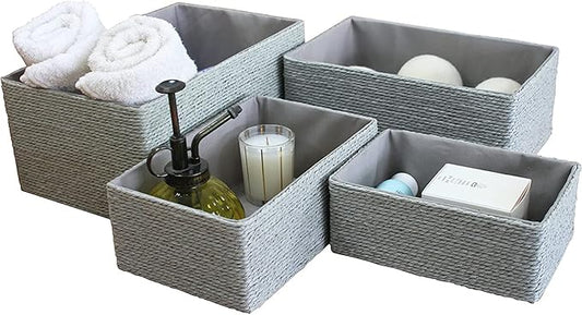 LA JOLIE MUSE Storage Baskets Set 4 - Stackable Woven Basket Paper Rope Bin, Storage Boxes for Makeup Closet Bathroom Bedr...