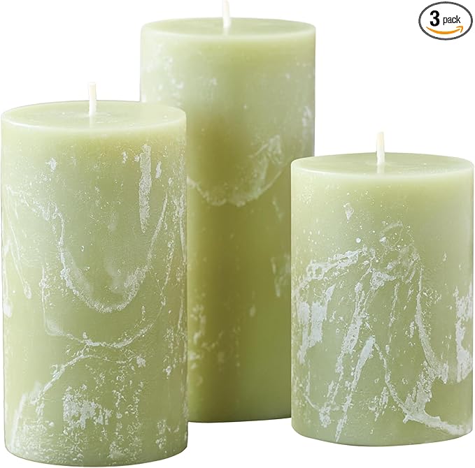 Becky Home Green Scented Pillar Candles Set of 3, 3x4, 3x5, 3x6 Green Candles, Sage Pilar Scented Candle, Ideal as Weddin...