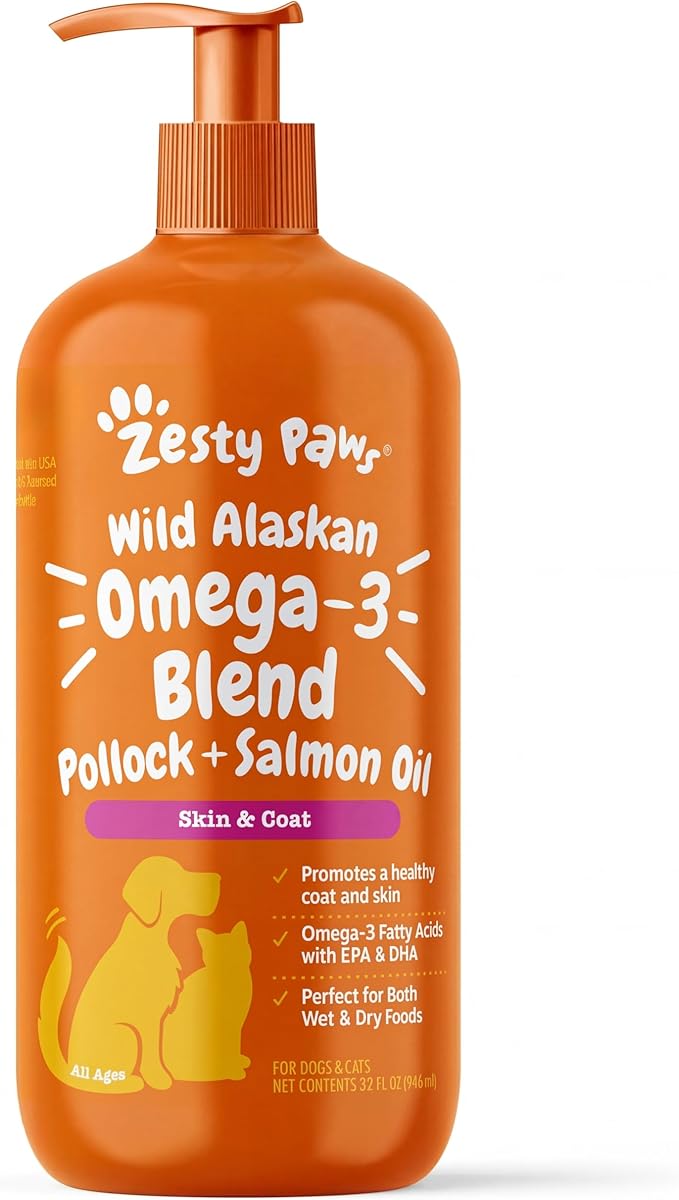 Zesty Paws Wild Alaskan Omega-3 Blend Pollock + Salmon Oil for Dogs and Cats- Skin and Coat Support, Omega 3 Supplement fo...