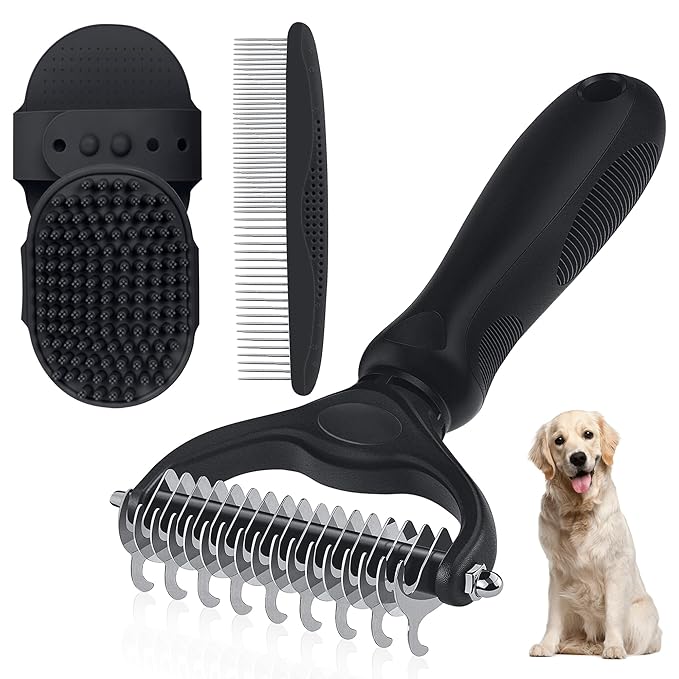 Double-Sided Pet Grooming Rake - 4-in-1 Professional Pet Grooming Kit, Deshedding Dematting Tool for Dogs, Cats, Extra-Wid...