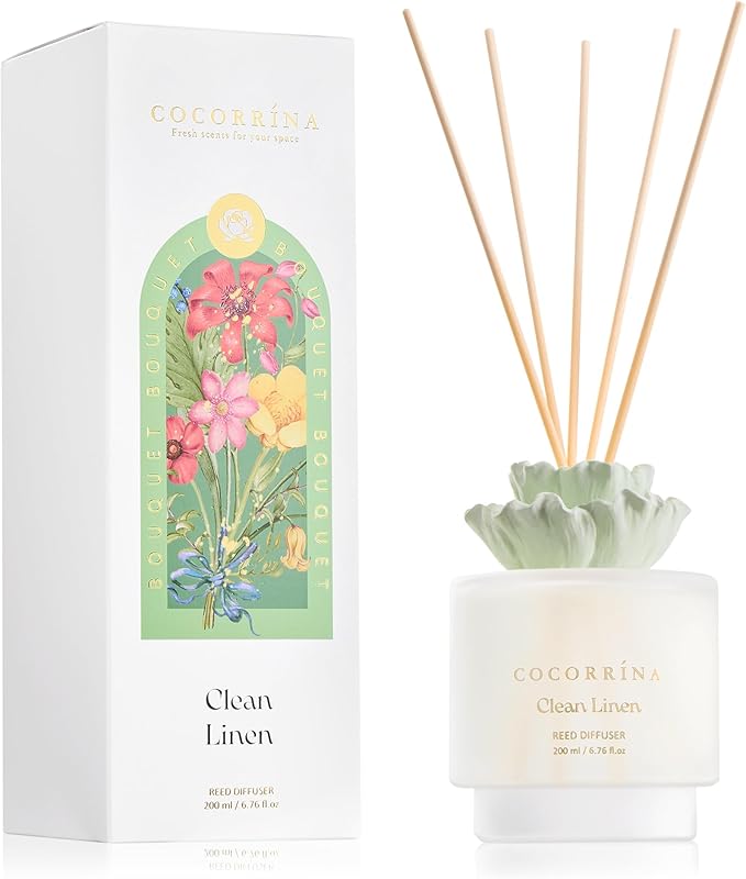 COCORRÍNA Gypsum Flower Reed Diffuser - Clean Linen Scent, 6.76 oz Oil with 8 Sticks, Long - Lasting Home Fragrance for Ba...